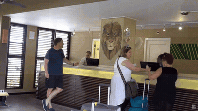 People At Counter With Lion Painting On Wall GIF