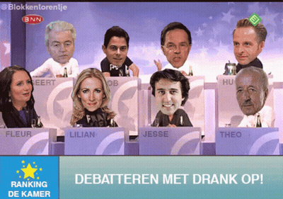 People At Table With Faces On Them Debateren Met Drank Op GIF