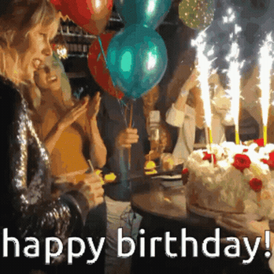 People Celebrating Birthday With Cake And Balloons GIF