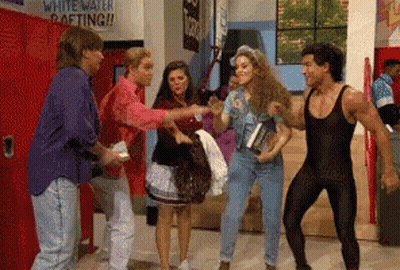 People Dancing In Front Of Water Rafting Sign GIF