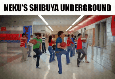 People Dancing In Hallway With Neku's Shibuya Underground GIF
