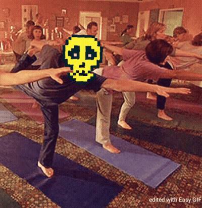 People Doing Yoga With Pixelated Skull GIF