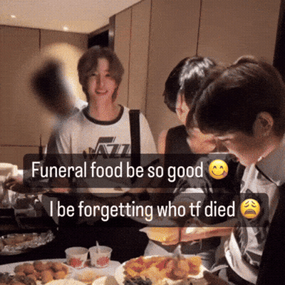 People Gathered Around Table Saying Funeral Food GIF