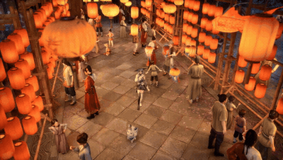 People Gathered In Room With Lanterns GIF