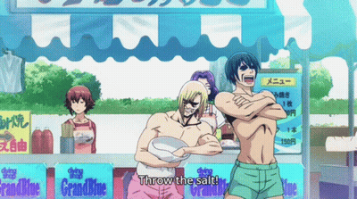 People In Front Of Grand Blue Sign GIF