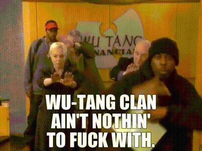People In Front Of Wu-Tang Clan Sign GIF