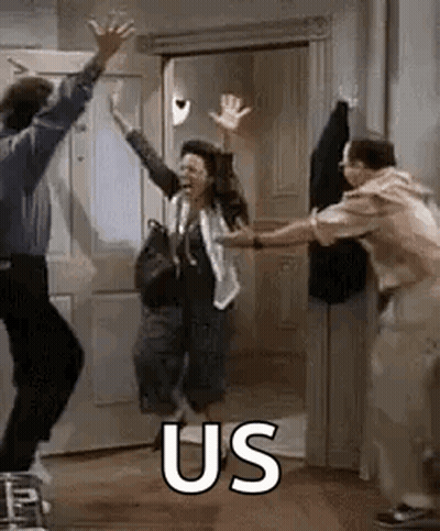 People Jumping In Front Of Door With US Sign GIF