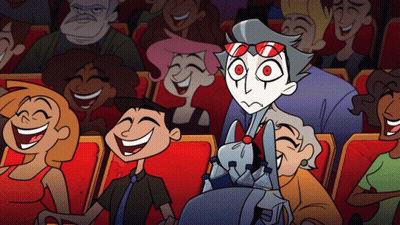 People Laughing In Theater With Cartoon Character GIF