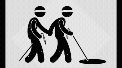 People On Mountain Beside Drawing Person With Cane GIF