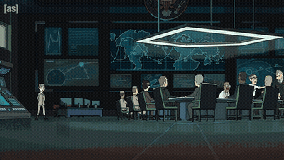 People Sitting At Table In Front Of Green Portal Saying As GIF