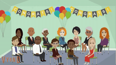 People Sitting Under Congrats Banner GIF