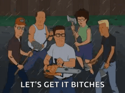 People Surround Cartoon Character With Chainsaw And Axe GIF