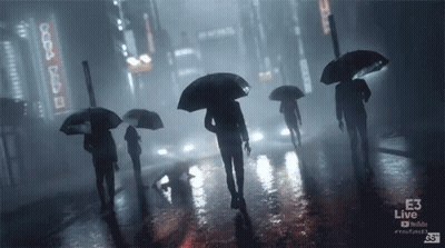 People Walking In Rain With Umbrellas In Front Of E3 Live Sign GIF
