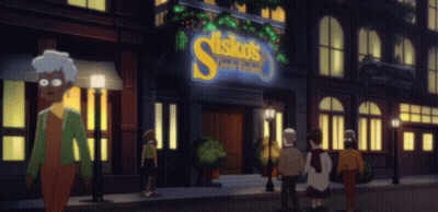 People Walking Past Building Saying Friskos GIF