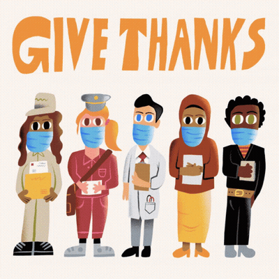 People Wearing Face Masks In Front Of Give Thanks Sign GIF