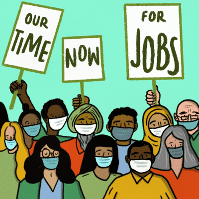 People With Face Masks Holding Signs Our Time Now For Jobs GIF