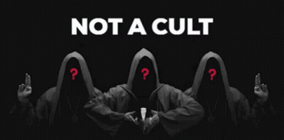 People With Question Marks Standing Before Not A Cult Sign GIF