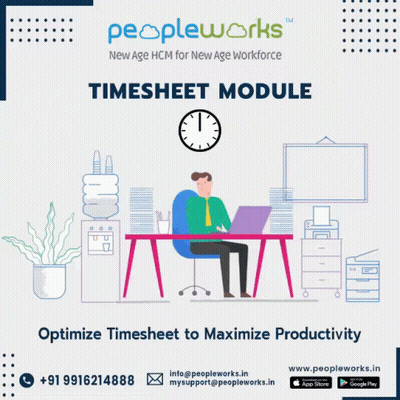 PeopleWorks Timesheet Poster Man At Desk With Laptop GIF