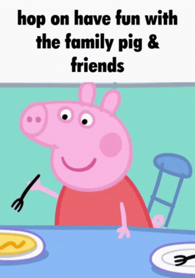 Peppa Pig Is Sitting At A Table With Plates Of Food And A Fork GIF
