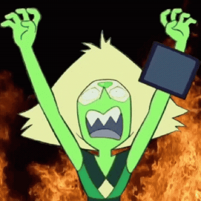 Peridot From Steven Universe Is Screaming With His Arms In The Air While Holding A Tablet . GIF