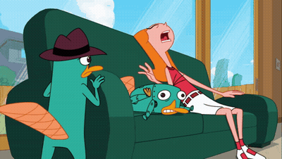 Perry The Platypus And Phineas And Ferb Sitting On Green Couch GIF