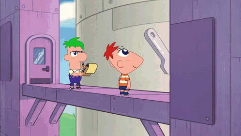 Perry The Platypus And Phineas And Ferb Standing On Balcony GIF