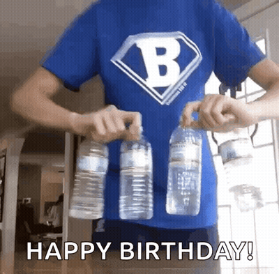 Person Blue Shirt Letter B Holding Three Bottles GIF