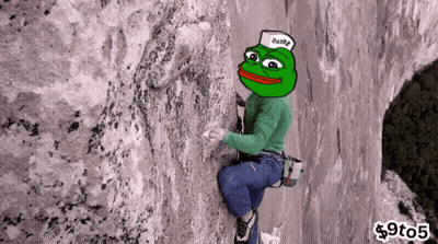 Person Climbing Mountain With Frog On Head Saying $9T05 GIF