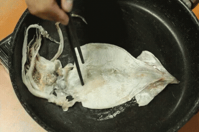 Person Cooking Large Squid In Frying Pan GIF