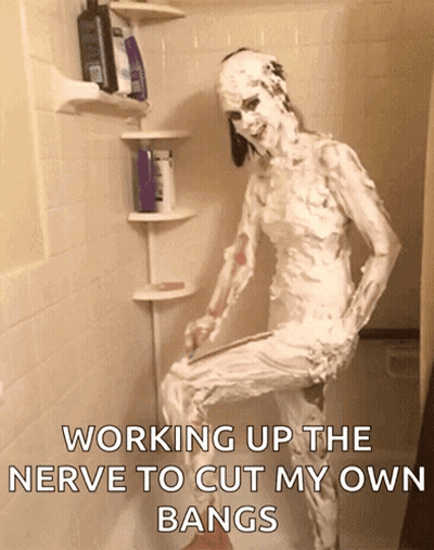 Person Covered In Shaving Cream Working Up The Nerve To Cut My Own Ba GIF