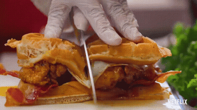 Person Cutting Waffle Sandwich With Netflix GIF
