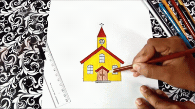 Person Drawing Yellow Church Red Roof Cross GIF