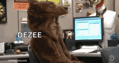 Person Dressed As Bear Sitting At Computer GIF
