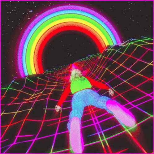 Person Flying Through Colorful Rainbow GIF
