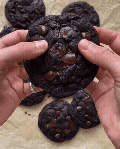 Person Holding Black Cookie With Chocolate Chips GIF