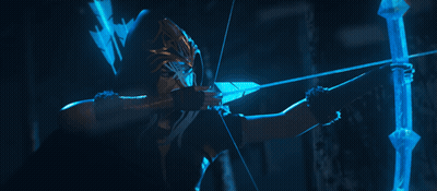 Person Holding Bow And Arrow With Blue Light GIF
