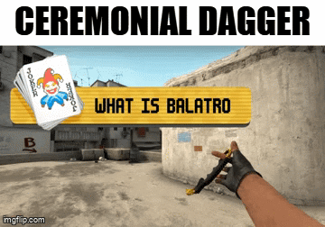 Person Holding Ceremonial Dagger In Front Of Sign Saying What Is Balatro GIF