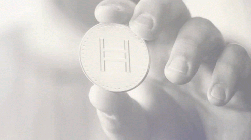 Person Holding Coin In Front Of Hedera Hashgraph Logo GIF