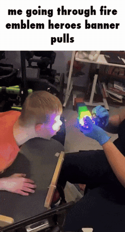 Person Holding Cube In Front Of Child Saying Me Going Through Fire Emblem Heroes Banner Pulls GIF
