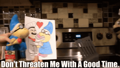 Person Holding Drawing Of Two Gnomes Saying Don't Threaten Me With A Good Time GIF