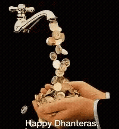 Person Holding Faucet With Coins Falling Happy Dhanteras Greeting GIF