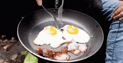 Person Holding Frying Pan With Fried Eggs And Fork GIF