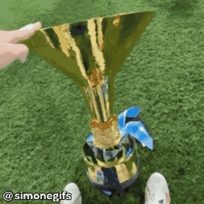 Person Holding Gold Trophy With Blue Ribbon GIF
