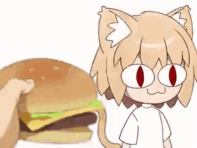 Person Holding Hamburger Next To Cat Girl With Cat Ears GIF