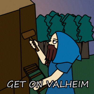 Person Holding Hammer Saying Get On Valheim GIF