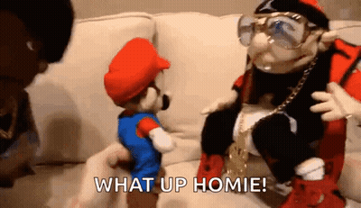 Person Holding Mario Puppet And Saxophone Puppet GIF