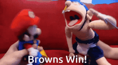 Person Holding Mario Puppet Saying Browns Win GIF