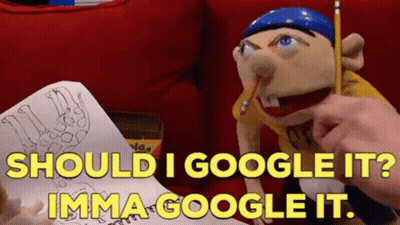 Person Holding Pencil In Front Of Puppet Saying Should I Google It GIF