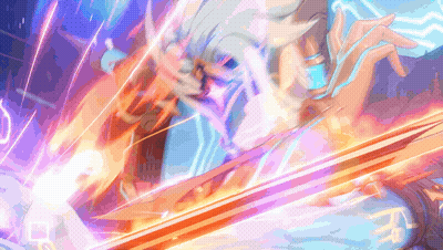 Person Holding Purple And Orange Light Sword GIF