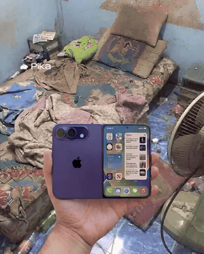 Person Holding Purple IPhone In Messy Bedroom GIF